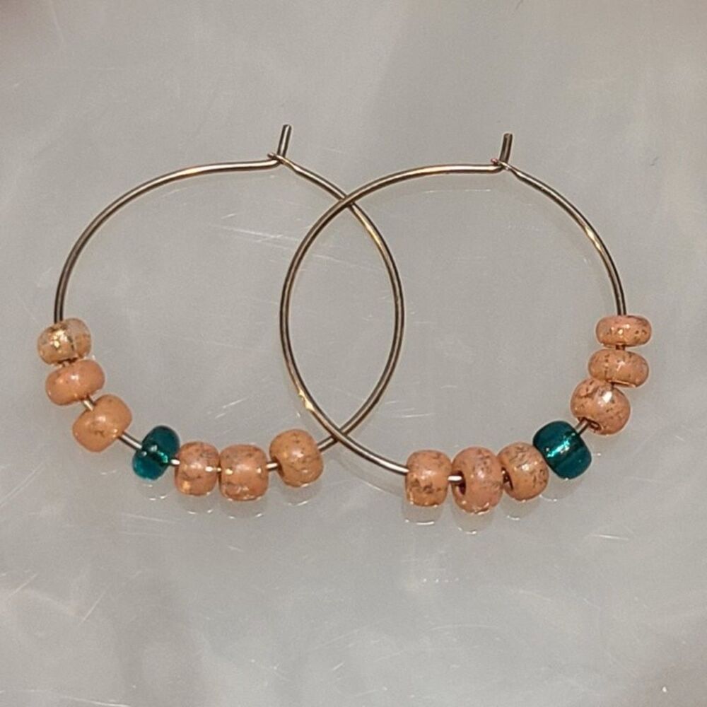 Beaded Hoop Earrings Silver Tone Pink Teal Seed Bead Boho Round Pierced Womens